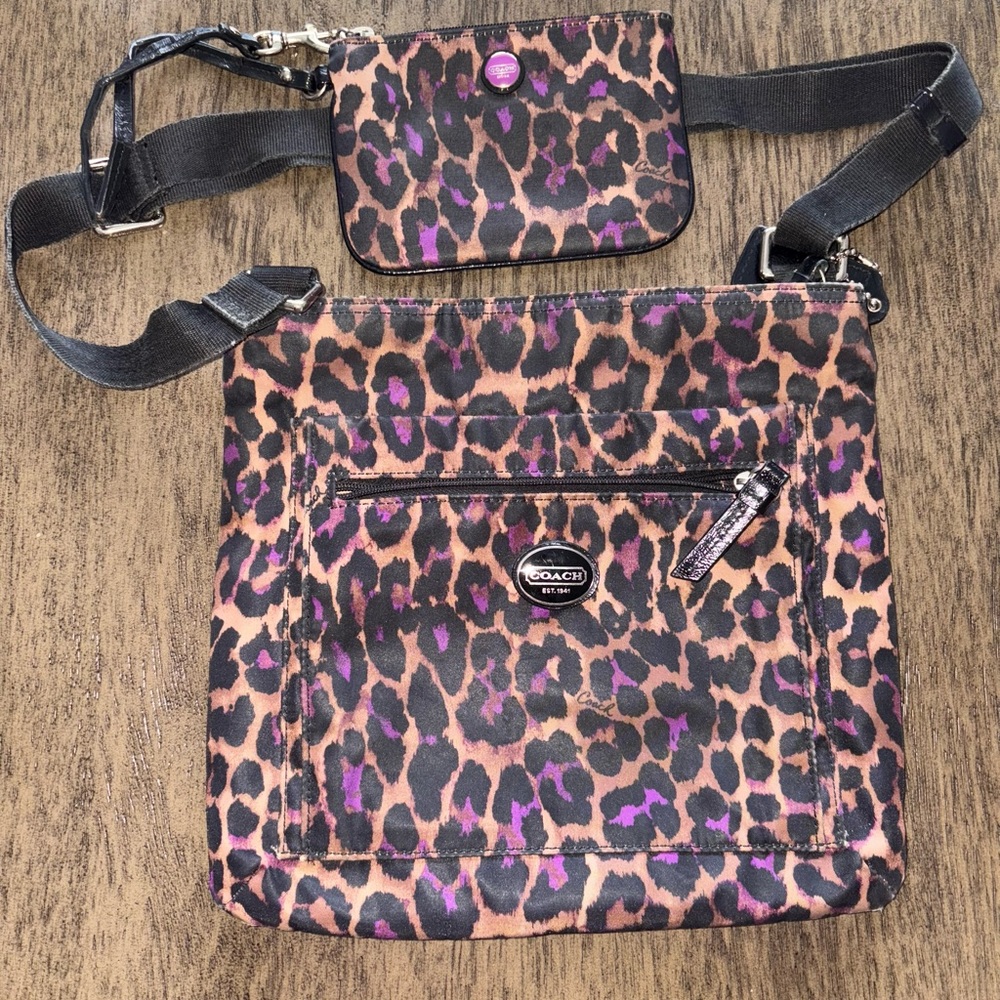 Coach Leopard Print Crossbody Bag - Black & Purple AND Wristlet!